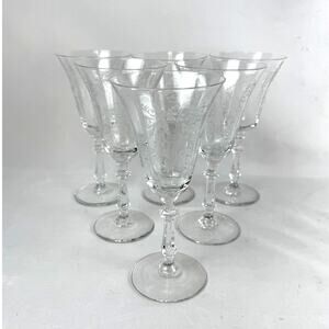 Vintage Etched Crystal Flower Wine Glasses Water Goblets Set Of 6